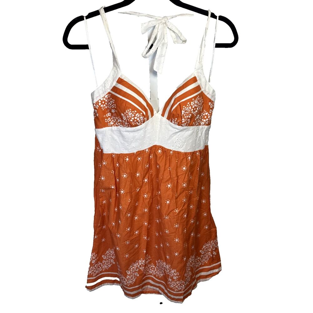Juniors sz 9 Bright Orange White Eyelet Babydoll Halter Cotton Sundress Stretch